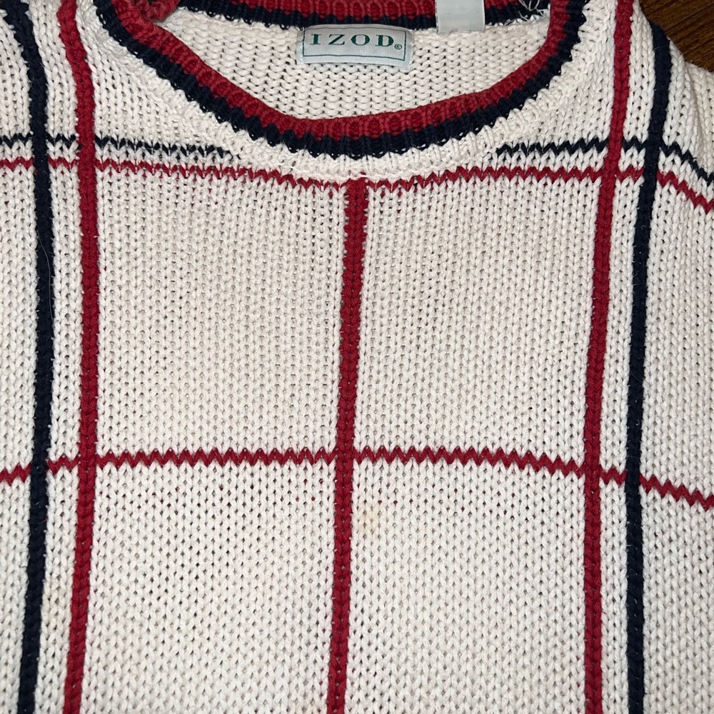 Izod 90s Preppy Vintage White Stripe Crewneck Classic Long Sleeve Sweater Size L - Picture 6 of 14